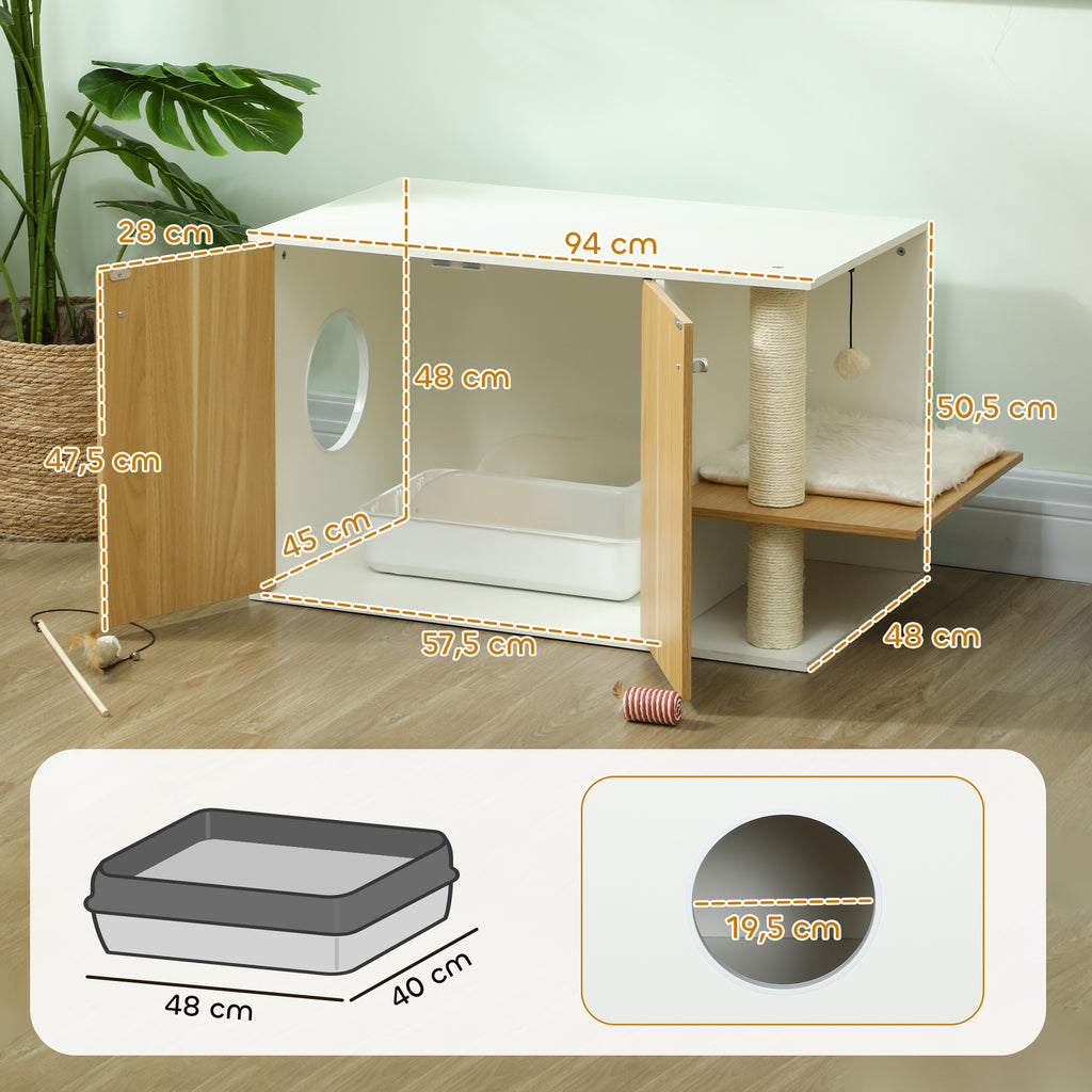 PawHut Móvel Caixa de Areia para Gatos 3 em 1 Mesa Auxiliar Caixa de Areia para Gatos com Portas Poste para Arranhar e Centro de Jogos para Sala de Estar Quarto 94x48x50,5 cm Carvalho e Branco