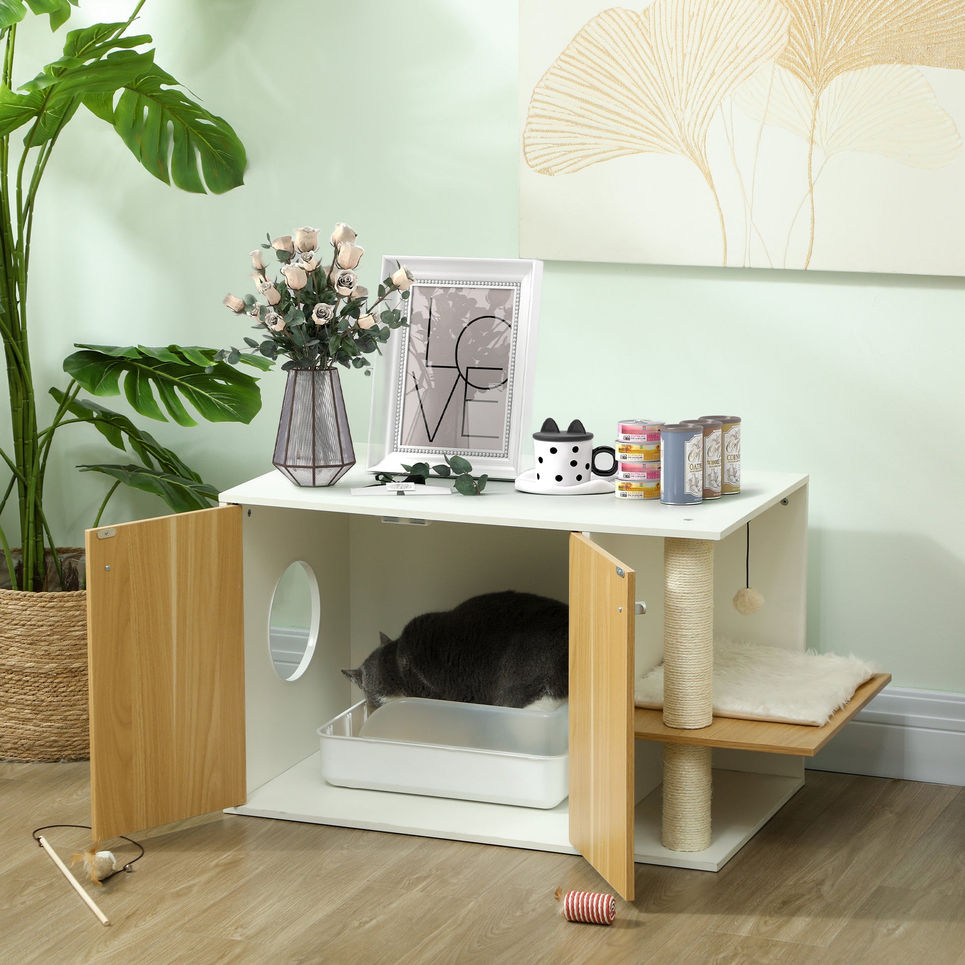 PawHut Móvel Caixa de Areia para Gatos 3 em 1 Mesa Auxiliar Caixa de Areia para Gatos com Portas Poste para Arranhar e Centro de Jogos para Sala de Estar Quarto 94x48x50,5 cm Carvalho e Branco