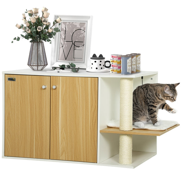 PawHut Móvel Caixa de Areia para Gatos 3 em 1 Mesa Auxiliar Caixa de Areia para Gatos com Portas Poste para Arranhar e Centro de Jogos para Sala de Estar Quarto 94x48x50,5 cm Carvalho e Branco