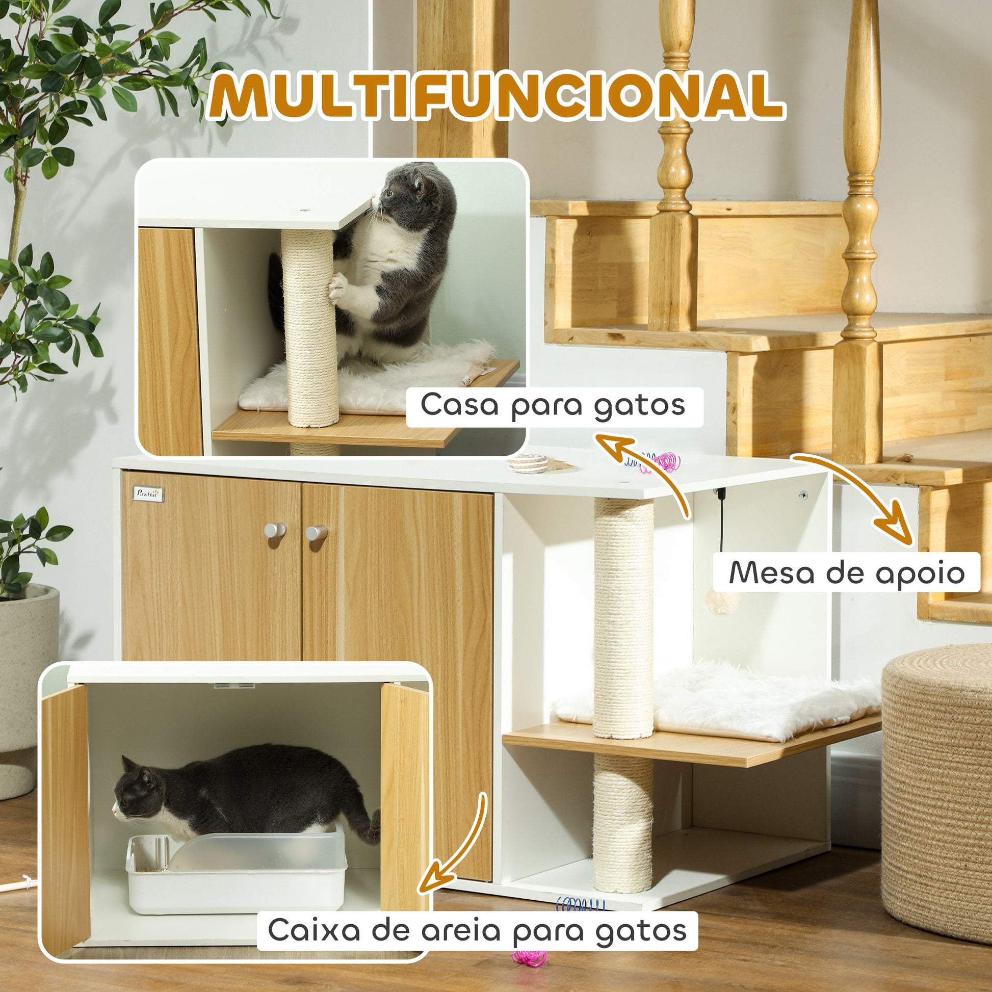 PawHut Móvel Caixa de Areia para Gatos 3 em 1 Mesa Auxiliar Caixa de Areia para Gatos com Portas Poste para Arranhar e Centro de Jogos para Sala de Estar Quarto 94x48x50,5 cm Carvalho e Branco
