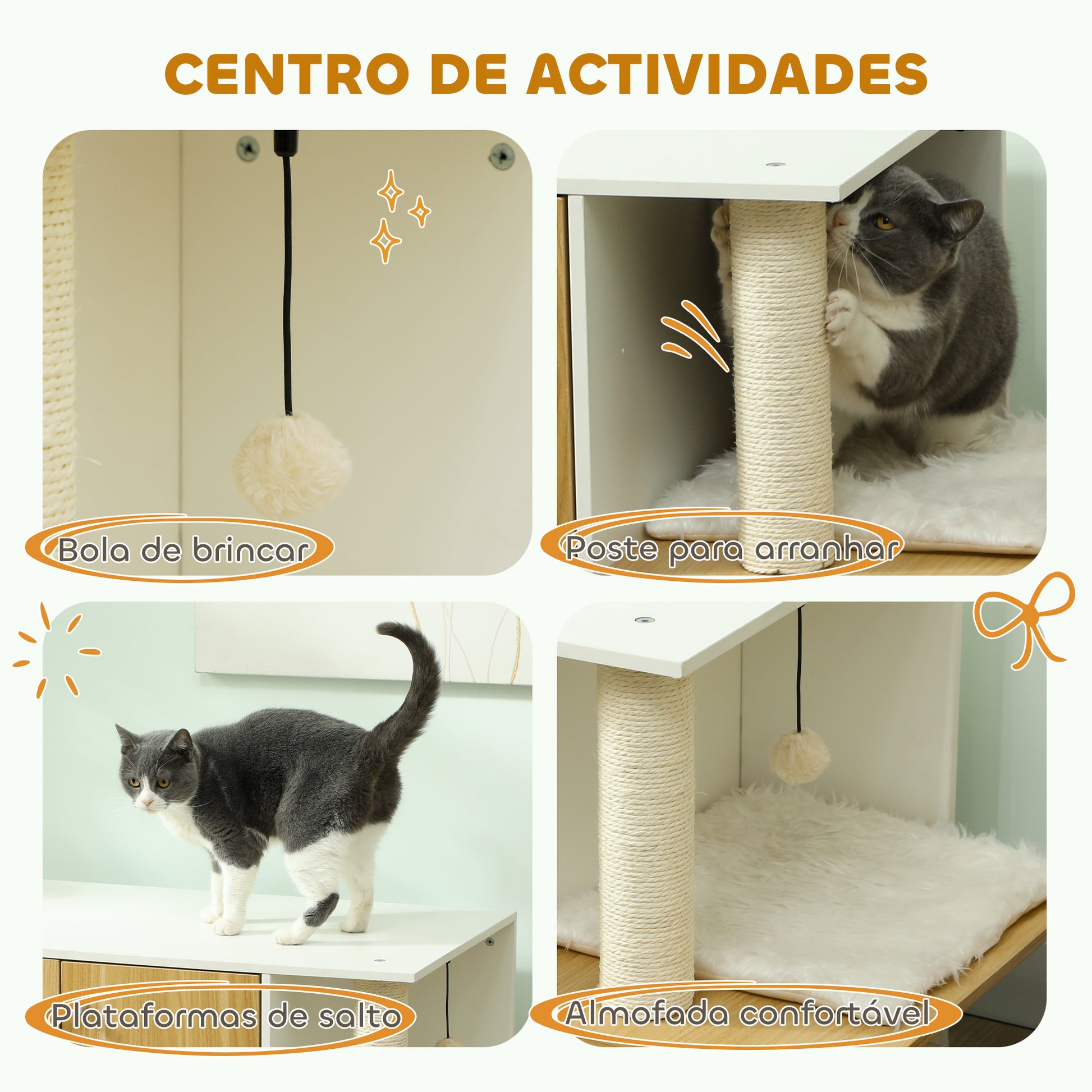PawHut Móvel Caixa de Areia para Gatos 3 em 1 Mesa Auxiliar Caixa de Areia para Gatos com Portas Poste para Arranhar e Centro de Jogos para Sala de Estar Quarto 94x48x50,5 cm Carvalho e Branco