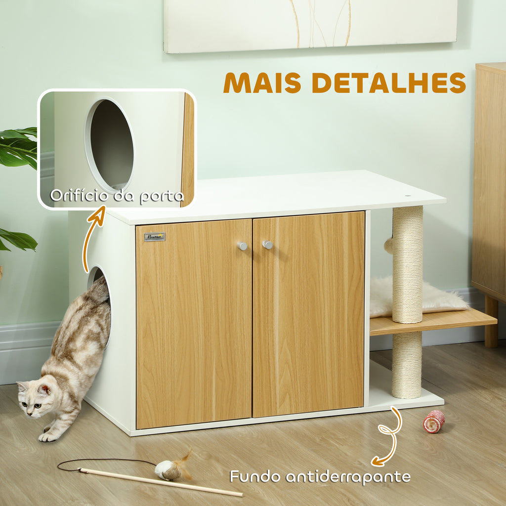 PawHut Móvel Caixa de Areia para Gatos 3 em 1 Mesa Auxiliar Caixa de Areia para Gatos com Portas Poste para Arranhar e Centro de Jogos para Sala de Estar Quarto 94x48x50,5 cm Carvalho e Branco