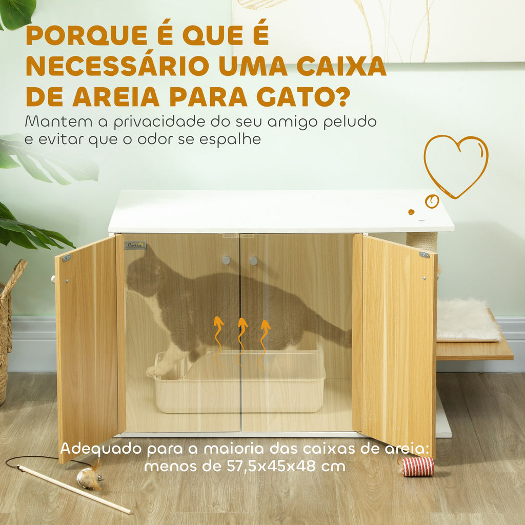 PawHut Móvel Caixa de Areia para Gatos 3 em 1 Mesa Auxiliar Caixa de Areia para Gatos com Portas Poste para Arranhar e Centro de Jogos para Sala de Estar Quarto 94x48x50,5 cm Carvalho e Branco