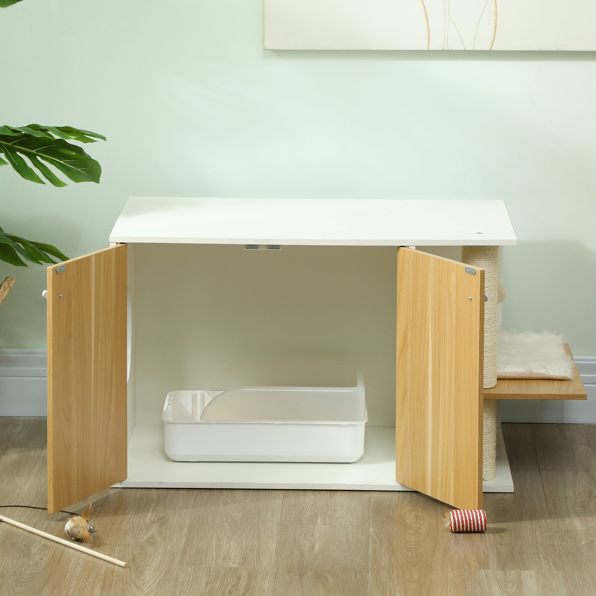 PawHut Móvel Caixa de Areia para Gatos 3 em 1 Mesa Auxiliar Caixa de Areia para Gatos com Portas Poste para Arranhar e Centro de Jogos para Sala de Estar Quarto 94x48x50,5 cm Carvalho e Branco
