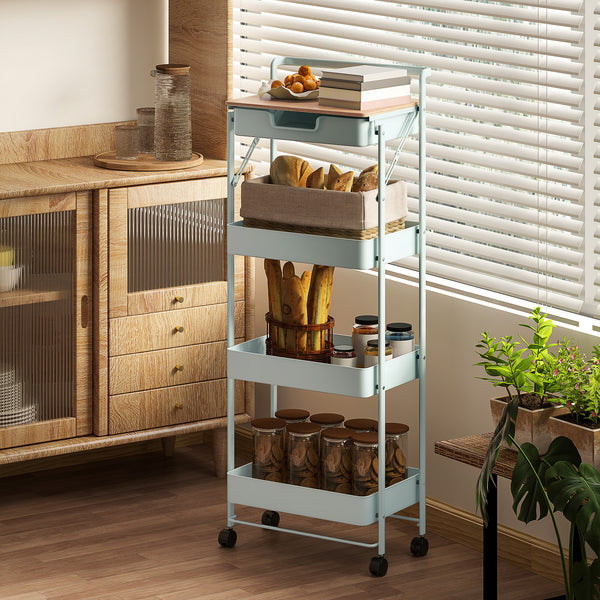 Carrinho Auxiliar com Rodas de 4 Níveis Carrinho de Cozinha com 1 Gaveta e 3 Cestos Carrinho Organizador para Dormitorio Sala Escritório 45x29,5x117,5 cm Verde
