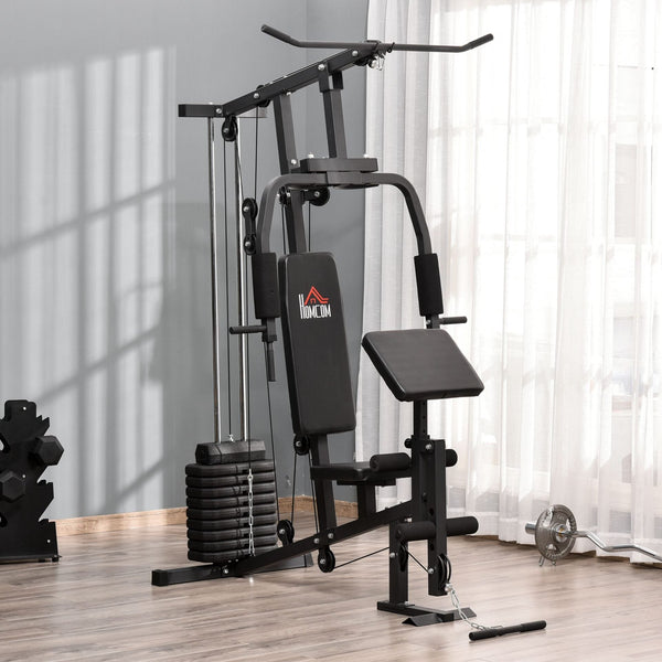 Máquina Multi Estação de Musculação Máquina de Musculação com Estribo para Pernas e Placas de Peso de 45kg para Treinamento Fitness em Casa Academia 148x108x207cm Preto