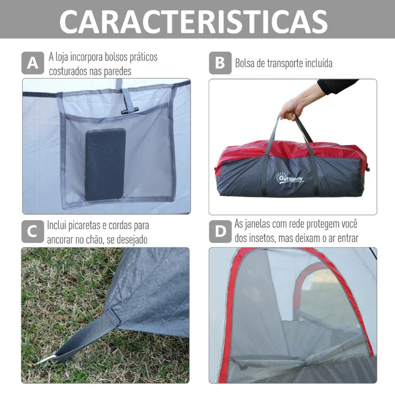 Tenda de Campismo para 4-5 Pessoas Impermeável 3000mm+ Anti UV com Bolsa de Transporte e Gancho para Luz 455x230x180cm Cinza