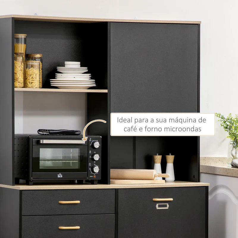 Armário de Cozinha Aparador de Sala de Jantar com 1 Gaveta 3 Portas e Armazenamento Aberto Móvel Auxiliar para Microondas de Estilo Moderno 119x41x180cm Preto