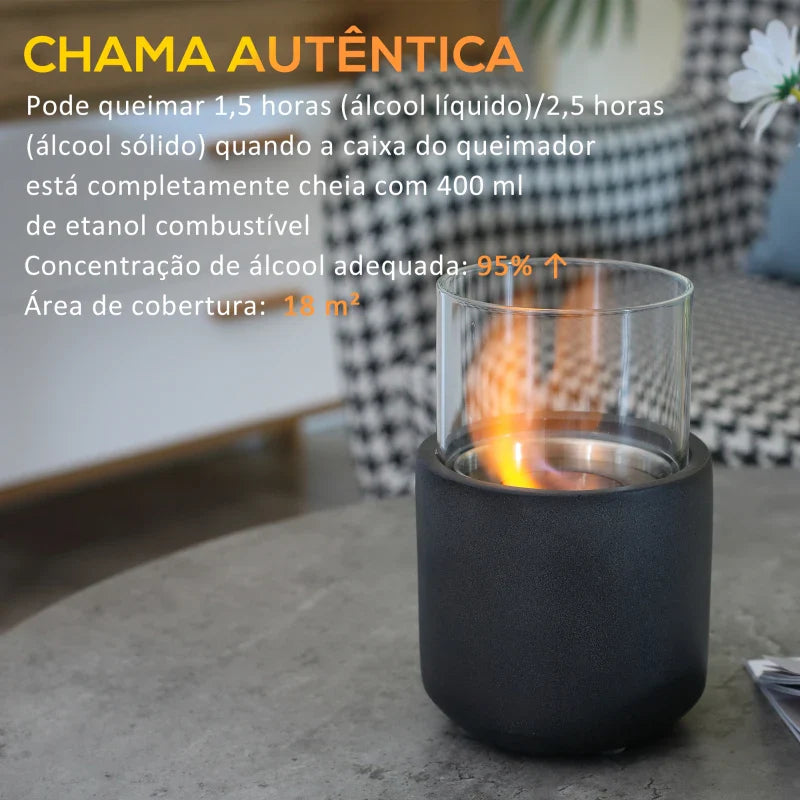 Lareira de Bioetanol de Mesa Capacidade 0,4L Combustão 2,5h Lareira de Bioetanol para Interior e Exterior 12x12x19cm Cinza Escuro