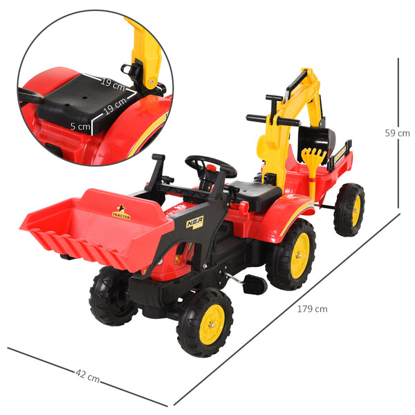 Trator de pedais com reboque escavadeira com pá frontal de brinquedo de condução para crianças acima de 3 anos Direção e pás de fácil controle Suporta até 35 kg 179x42x59 cm Vermelho