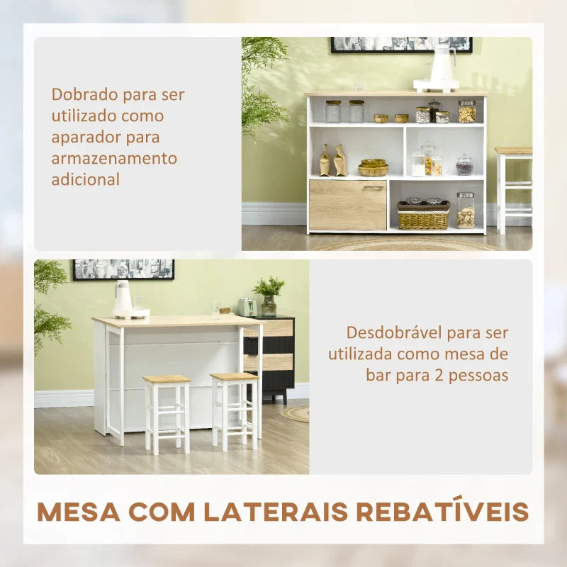 Mesa Alta Extensível com Lateral Dobrável Mesa de Bistró com Compartimentos de Armazenamento e 1 Porta para Cozinha Sala de Jantar 116x79,5x91 cm Branco