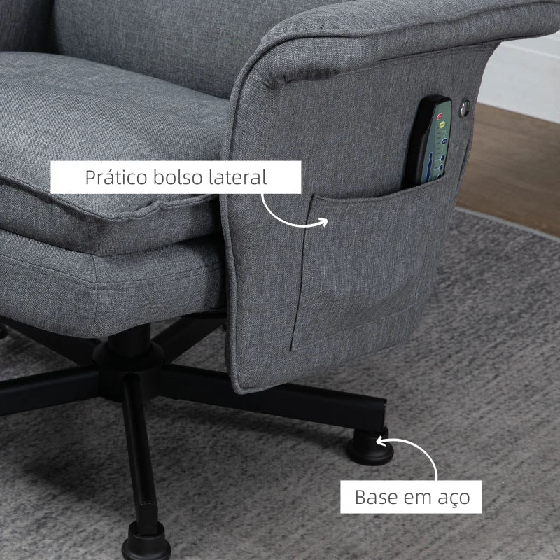 Poltrona Relax com Massagem e Apoio para os Pés Poltrona de Massagem Estofada em Linho com Controlo Remoto e 8 Áreas de Massagem Carga Máxima 120kg 78x81x99cm Cinza