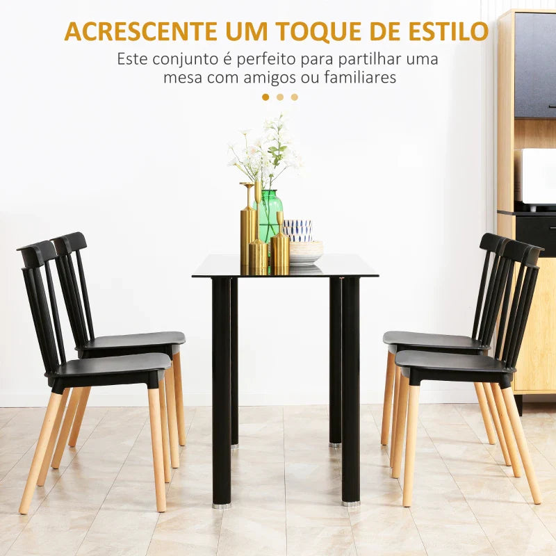 Conjunto de 4 Cadeiras Estilo Nórdico Cadeiras de Cozinha com Encosto Alto Assento de Polipropileno e Pés de Madeira de Faia Carga Máx. 120kg 48x52,5x83cm Preto e Madeira