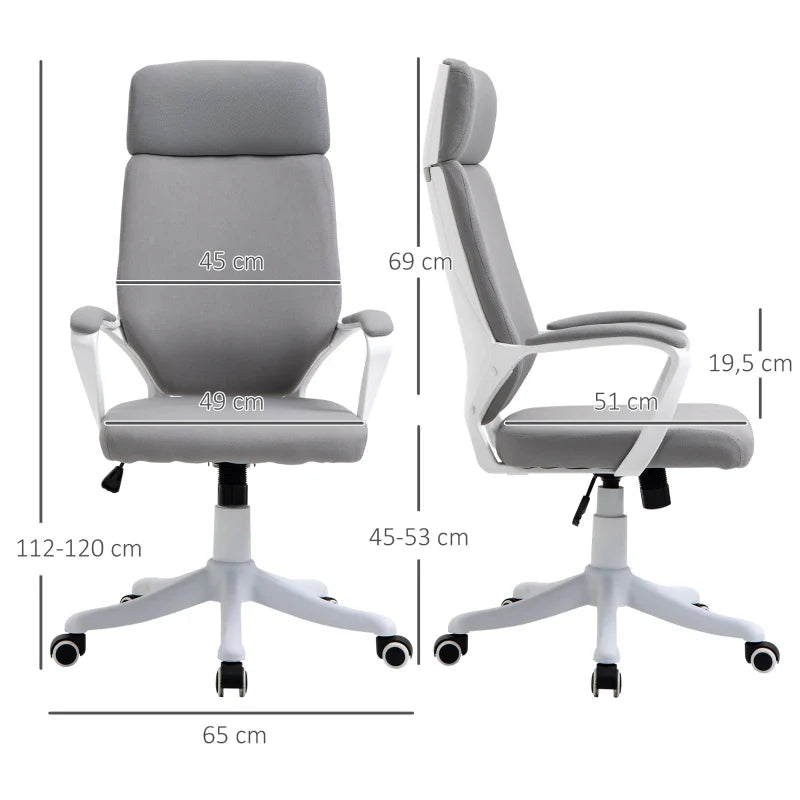 Cadeira de escritório ergonômica ajustável em altura giratória com apoio de braços Apoio de cabeça e encosto alto 63x65x113-123 cm Cinza