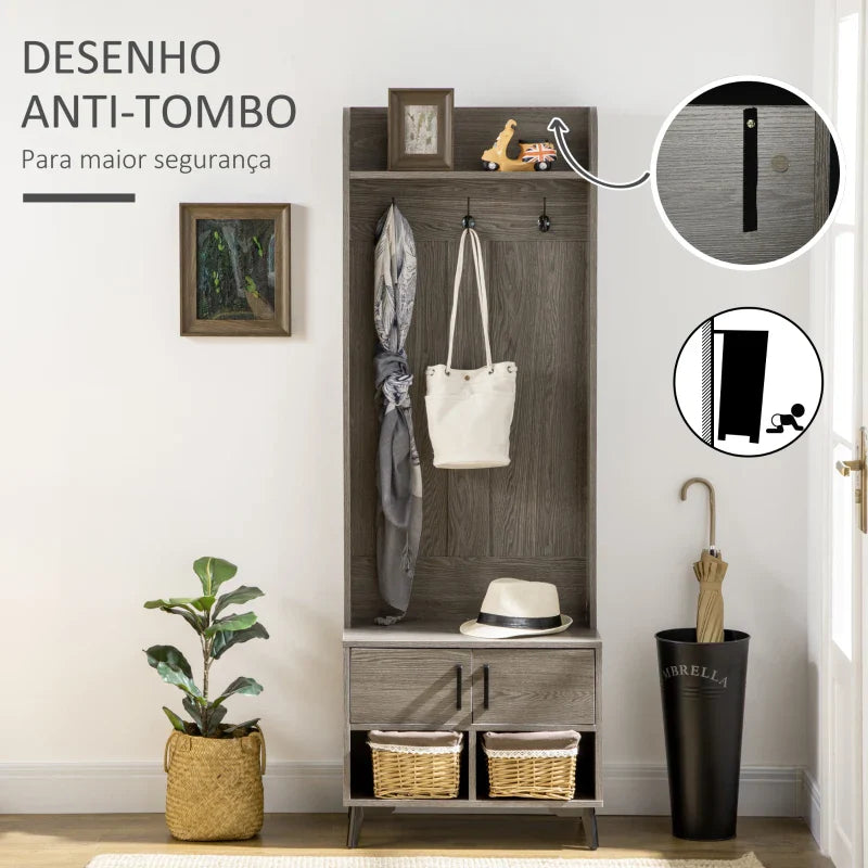 Móvel Cabide de Entrada com Sapateiro Móvel de Entrada com 3 Ganchos 2 Portas 2 Compartimentos e Prateleira de Armazenamento para Corredor 60x34x170 cm Cinza