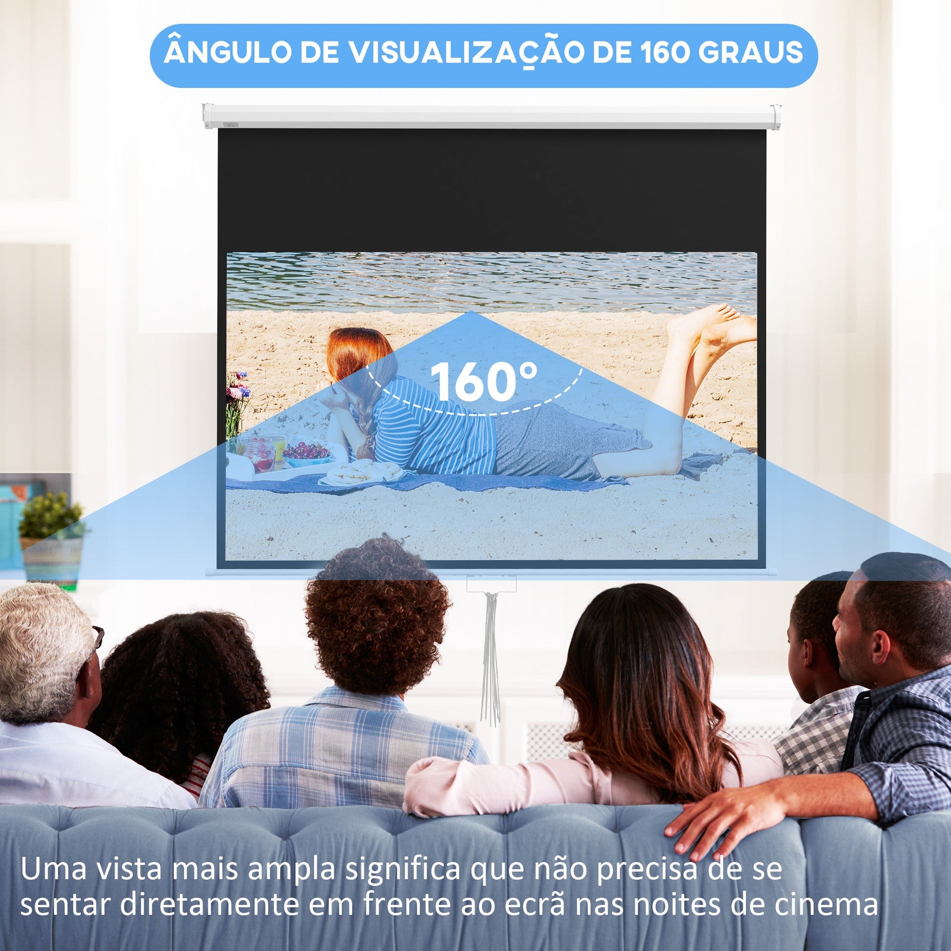 Tela de Projeção Manual 80 polegadas Tela de Projeção Portátil Formato 16:9 com Altura Ajustável para Interior e Exterior Cinema em Casa 187x8x150 cm Branco