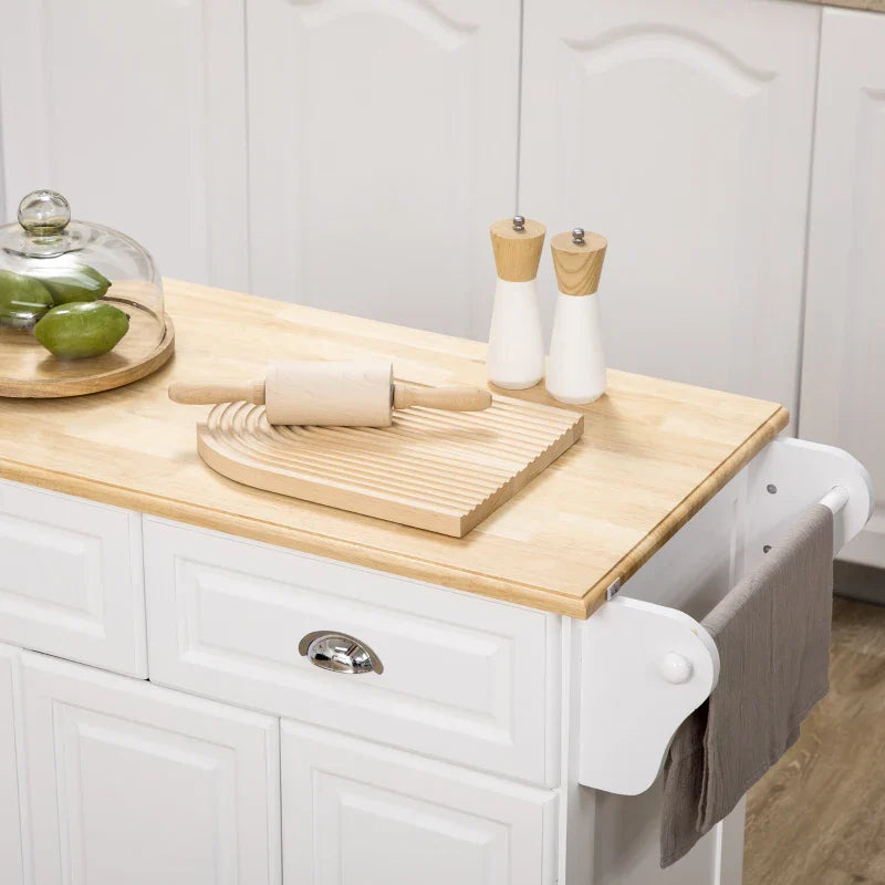 Carrinho de Cozinha Ilha de Cozinha com Rodas Móvel Multifuncional com 2 Gavetas 3 Armários Suporte para Panos e para Temperos para Sala de Jantar 110x45x89cm Branco