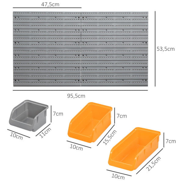Prateleira de Parede Organizador de Ferramentas Prateleiras de Armazenamento com 28 Caixas Empilháveis e Diferentes Ganchos 95,5x22,5x53,5 cm Cinza e Laranja