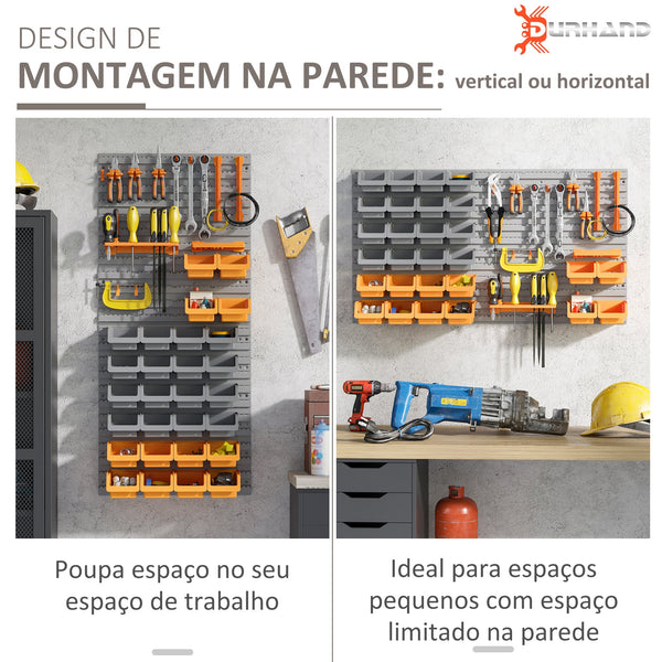 Prateleira de Parede Organizador de Ferramentas Prateleiras de Armazenamento com 28 Caixas Empilháveis e Diferentes Ganchos 95,5x22,5x53,5 cm Cinza e Laranja