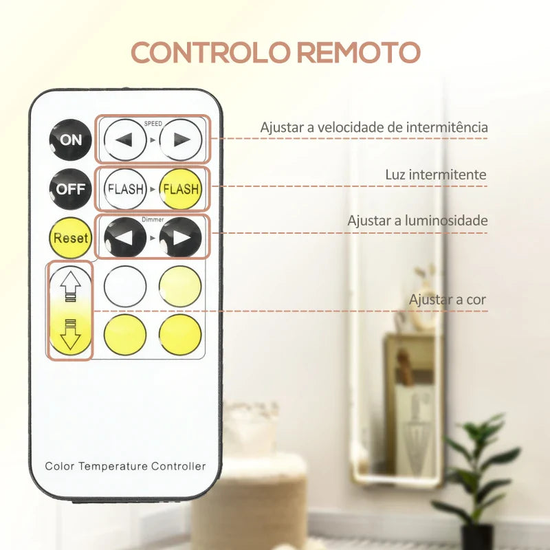 Espelho de Pé de Corpo Inteiro Espelho de Pé com Luzes LED Controlo Remoto 3 Cores de Luzes Ajustável Brilho Ajustável e Estrutura de Alumínio 40x51x156,5cm Prata e Preto