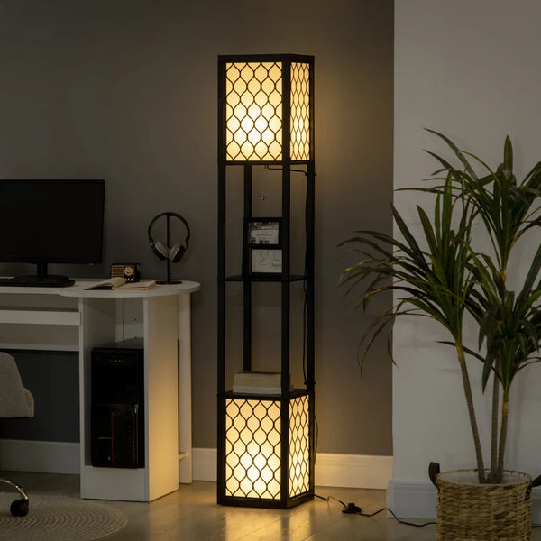 Candeeiro de Pé de Madeira Candeeiro de Pé com Estantes Lâmpada E27 Máx. 40W com Interruptor para Sala de Estar Dormitório Escritório 26x26x156cm Preto e Branco