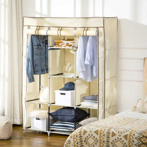 Roupeiro de Tecido Dobrável Armário Portátil com 8 Prateleiras de Armazenamento e 2 Barras de Pendurar Organizador de Roupa para Dormitório Vestidor 125x43x162,5cm Creme