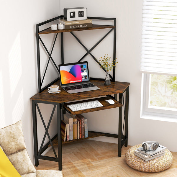 Secretária de Canto “Trieste” com Estantes, Porta-Teclado e Tomadas USB – 113x75x145 cm – Madeira Castanha e Preto