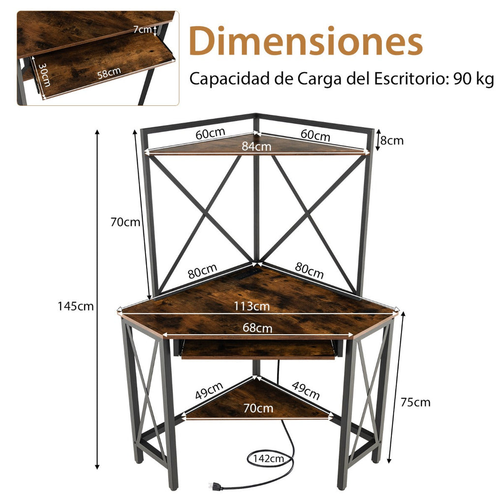 Secretária de Canto “Trieste” com Estantes, Porta-Teclado e Tomadas USB – 113x75x145 cm – Madeira Castanha e Preto