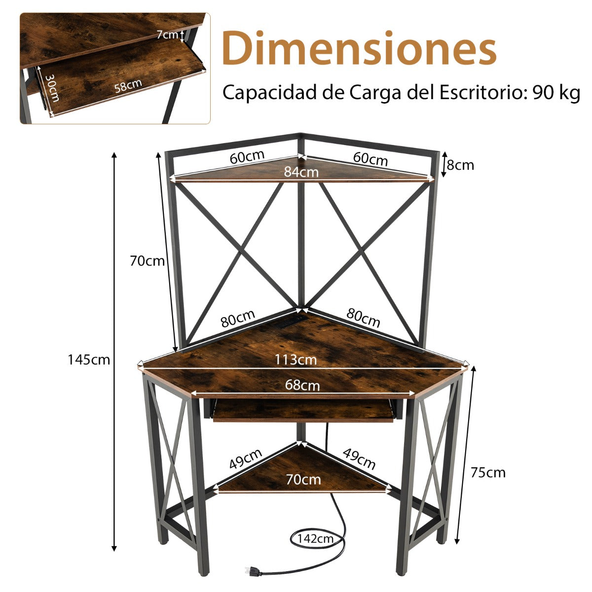 Secretária de Canto “Trieste” com Estantes, Porta-Teclado e Tomadas USB – 113x75x145 cm – Madeira Castanha e Preto