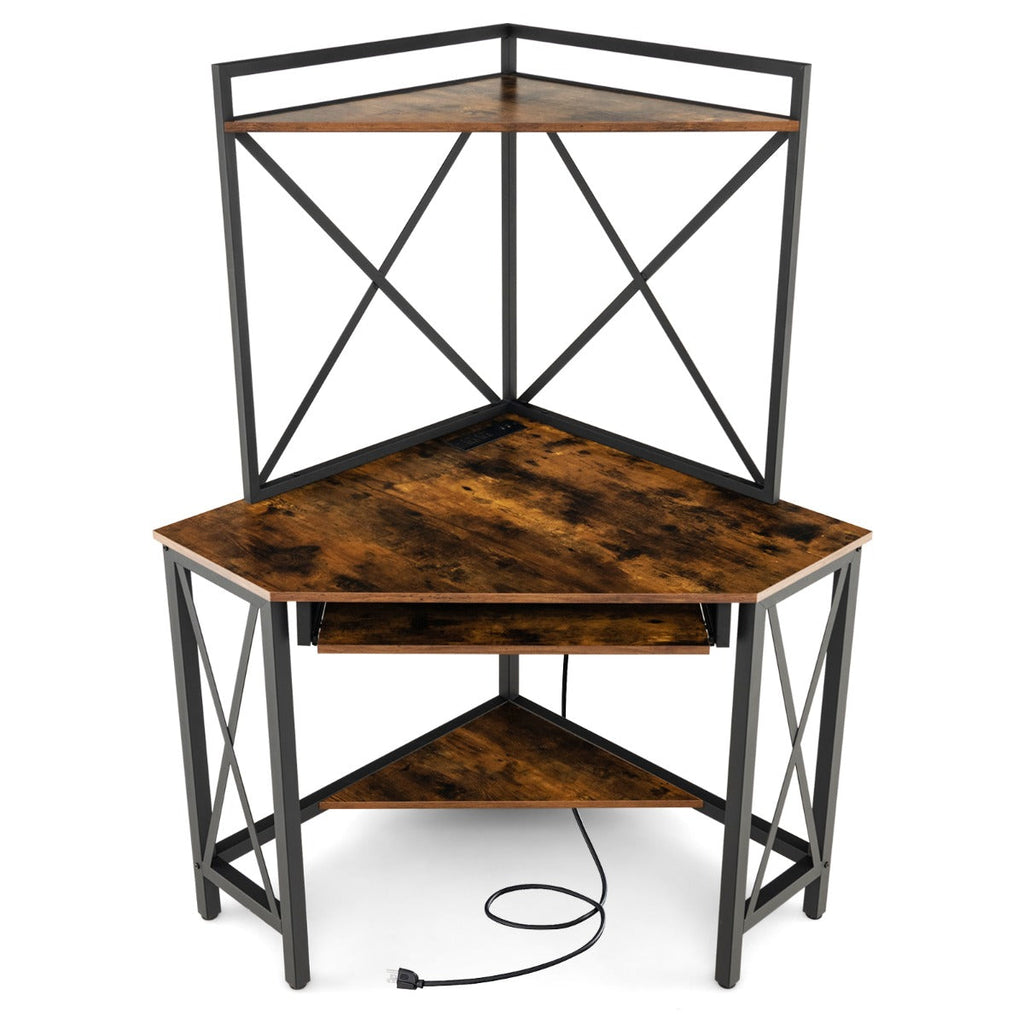 Secretária de Canto “Trieste” com Estantes, Porta-Teclado e Tomadas USB – 113x75x145 cm – Madeira Castanha e Preto