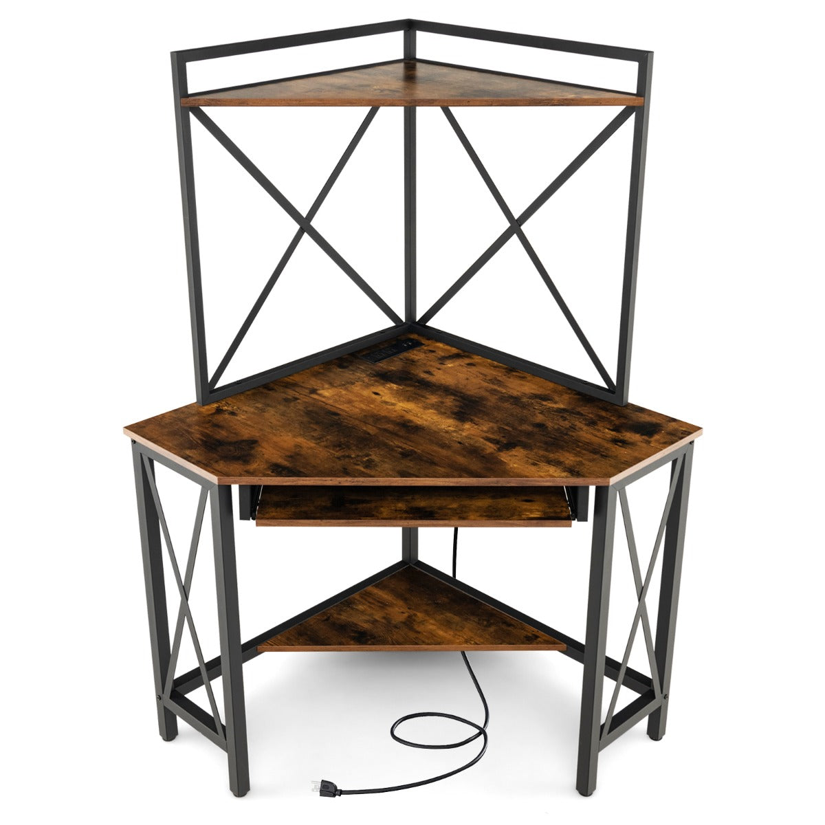 Secretária de Canto “Trieste” com Estantes, Porta-Teclado e Tomadas USB – 113x75x145 cm – Madeira Castanha e Preto
