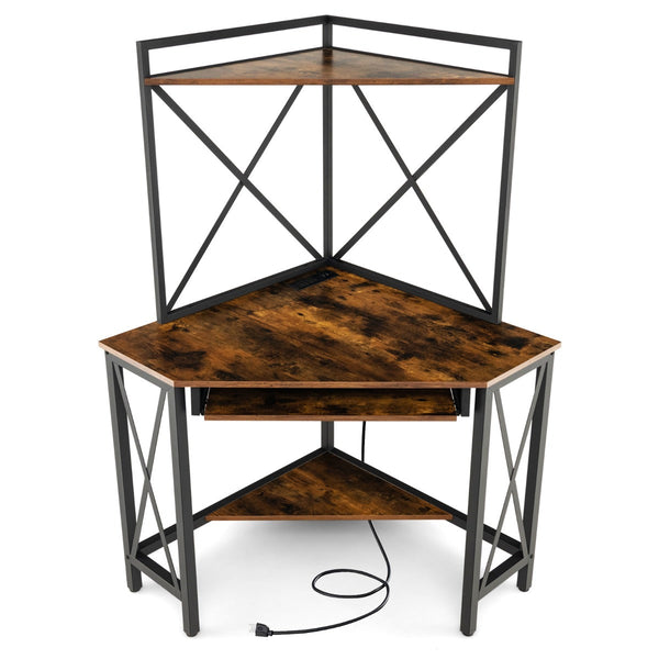 Secretária de Canto “Trieste” com Estantes, Porta-Teclado e Tomadas USB – 113x75x145 cm – Madeira Castanha e Preto