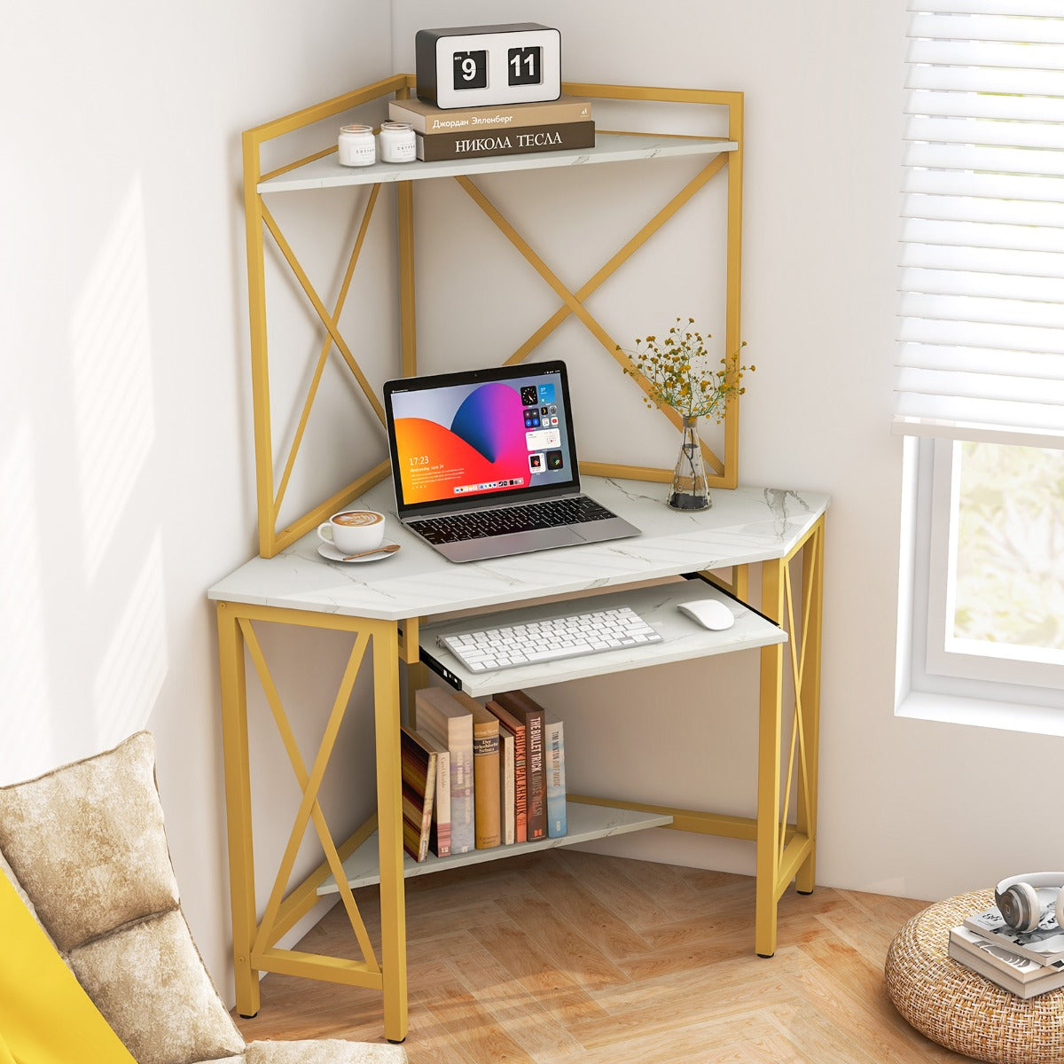 Secretária de Canto “Trieste” com Estantes, Porta-Teclado e Tomadas USB – 113x75x145 cm – Branco e Dourado