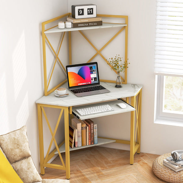 Secretária de Canto “Trieste” com Estantes, Porta-Teclado e Tomadas USB – 113x75x145 cm – Branco e Dourado