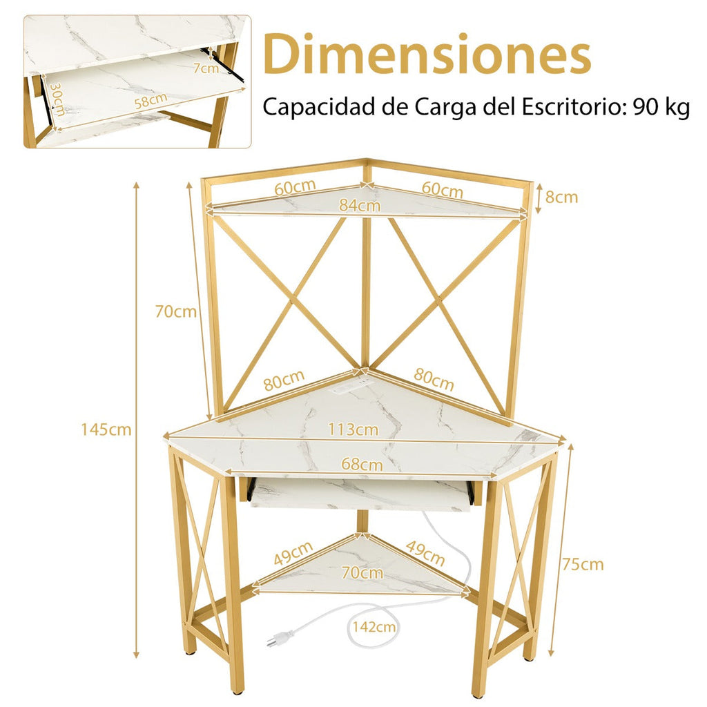 Secretária de Canto “Trieste” com Estantes, Porta-Teclado e Tomadas USB – 113x75x145 cm – Branco e Dourado