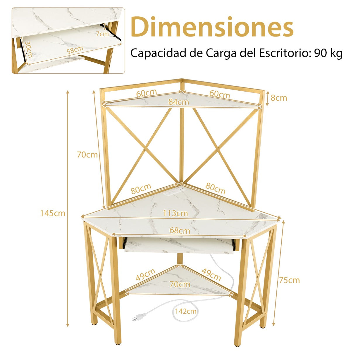 Secretária de Canto “Trieste” com Estantes, Porta-Teclado e Tomadas USB – 113x75x145 cm – Branco e Dourado