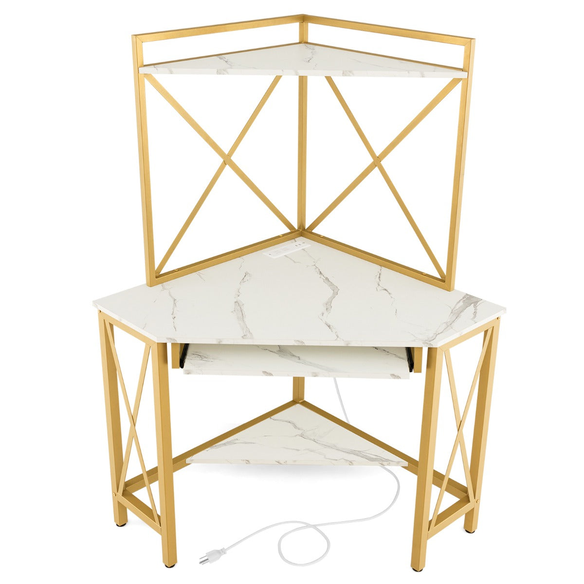 Secretária de Canto “Trieste” com Estantes, Porta-Teclado e Tomadas USB – 113x75x145 cm – Branco e Dourado