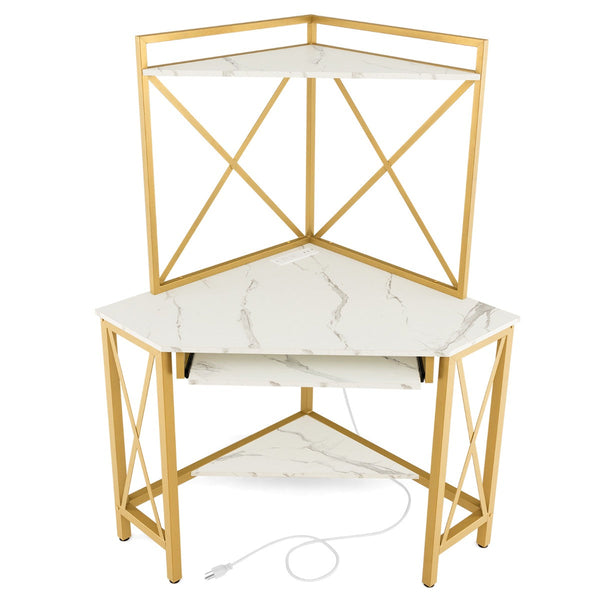 Secretária de Canto “Trieste” com Estantes, Porta-Teclado e Tomadas USB – 113x75x145 cm – Branco e Dourado