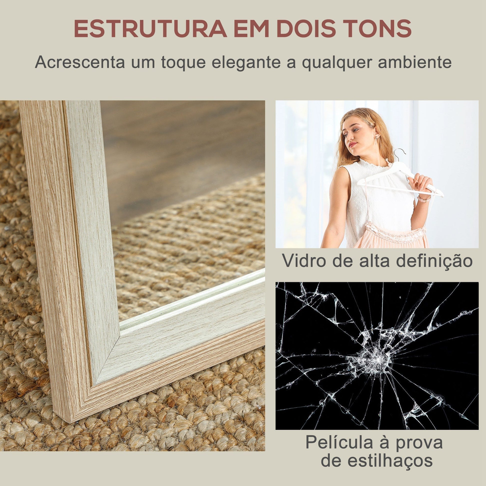 Espelho de Pé "Noa" – 37x157 cm – Branco e Madeira Clara - A minha loja