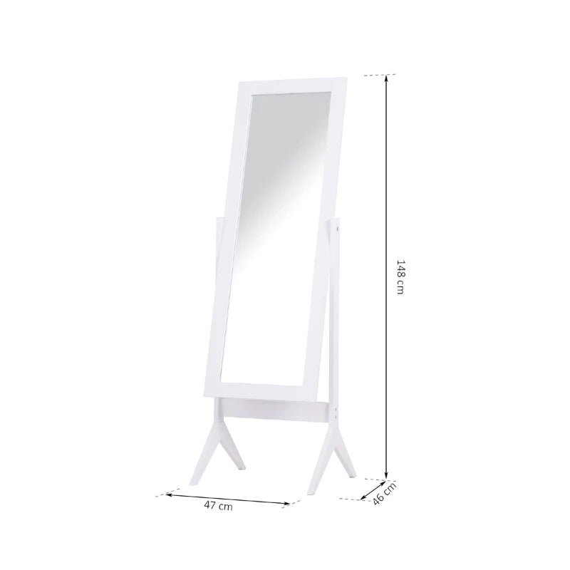 Espelho de Pé para Maquilhagem Reclinável com Estrutura de Madeira para Dormitório Vestidor 47x46x148cm Branco - A minha loja