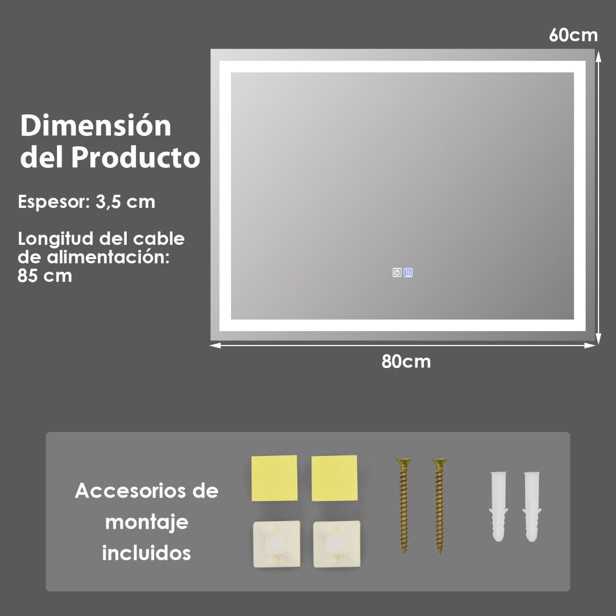 Espelho LED para Casa de Banho "ASTRID" com Interruptor Tátil e Função Antiembaciamento – Temperatura de Cor Ajustável – 80 x 60 cm – Prateado - A minha loja