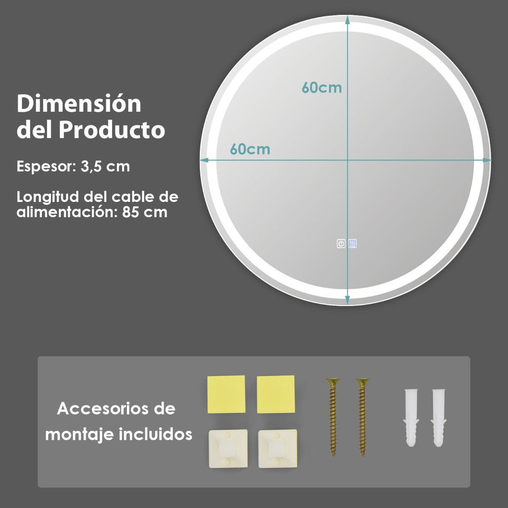 Espelho LED Redondo para Casa de Banho "FREYA" com Função Antiembaciamento e Interruptor Tátil – Temperatura e Intensidade Ajustáveis – Ø 60 cm – Prateado - A minha loja