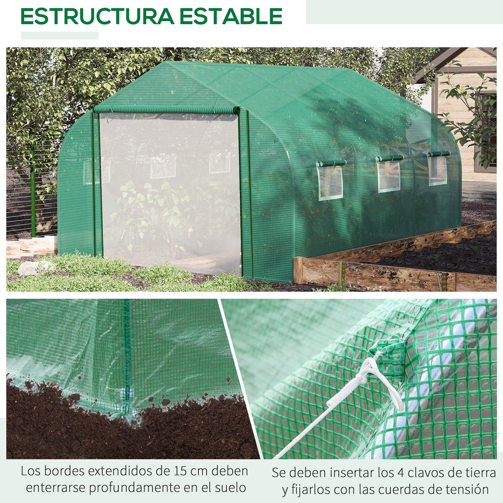Estufa de Túnel 3,5x3x2m Estufa de Jardim com Porta e 6 Janelas Enroláveis de Polietileno Metal Galvanizado para Cultivos de Plantas Flores Verde - A minha loja