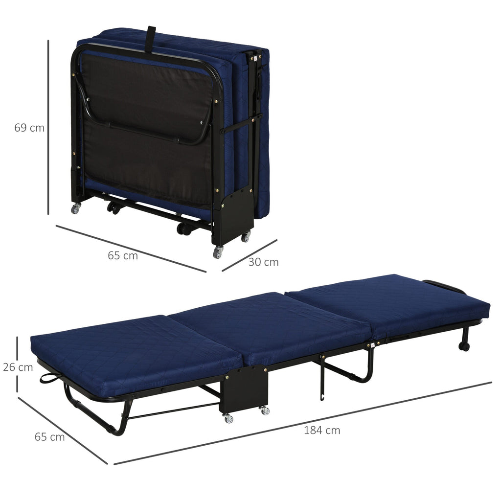 Cama Dobrável 184x65 cm Cama Dobrável Ajustável em 5 Níveis Rodas Universáis e Estrutura de Metal Carga Máxima 120 kg Azul