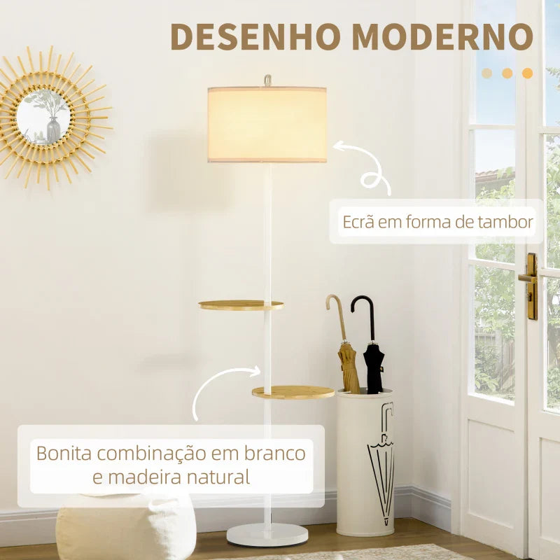 Candeeiro de Pé com Prateleiras Candeeiro de Pé Moderno Lâmpada E27 Máx. 40W com Ecrã de Linho e Interruptor de Pé para Sala de Estar Dormitório Habitação Ø40x163 cm Branco