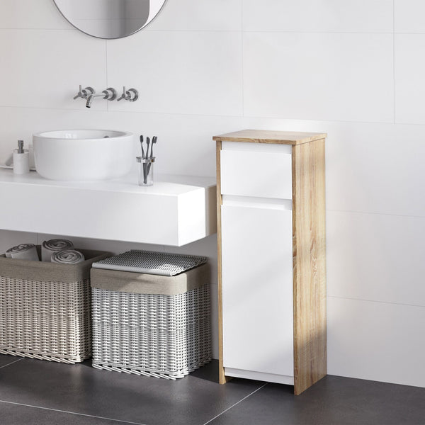 Armário Casa de Banho Baixo Armário de Madeira com Gavetas e 2 Prateleiras para Sala de Estar Dormitório Cozinha 32,6x30x90cm Natural e Branco