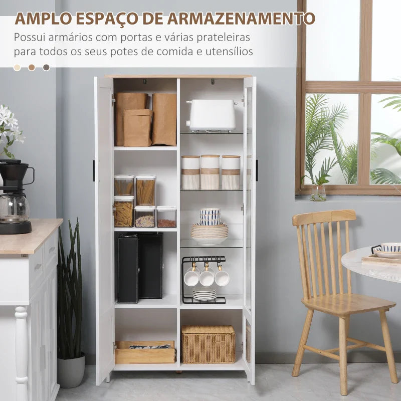 Armário de Cozinha Móvel Auxiliar de Cozinha com Porta de Vidro Prateleiras Ajustáveis e Pés Elevados para Sala de Estar Sala de Jantar 76x36x160 cm Branco