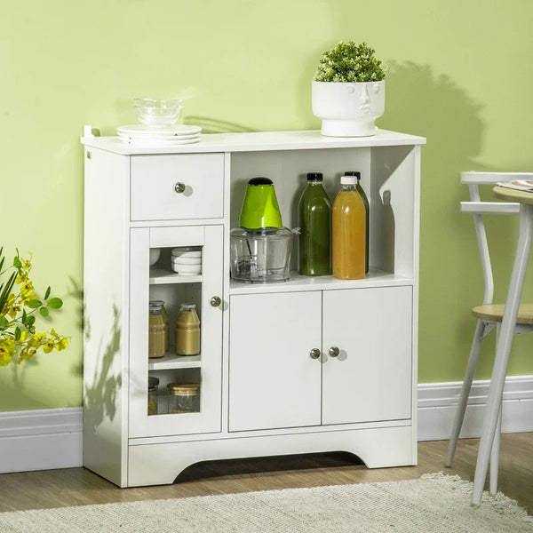 Aparador de Cozinha Moderno com Porta de Vidro Gaveta Prateleira Aberta e Prateleiras Ajustáveis Móvel Auxiliar de Armazenamento para Sala de Jantar Sala de Estar 80x30x82cm Branco