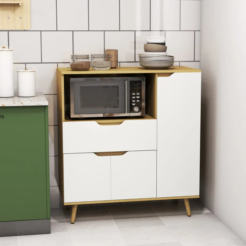 Aparador Auxiliar para Micro-Ondas Armário de Cozinha Moderno com Gaveta 3 Portas e Compartimento Aparador Buffet para Sala de Jantar 90x40x98,5 cm Branco