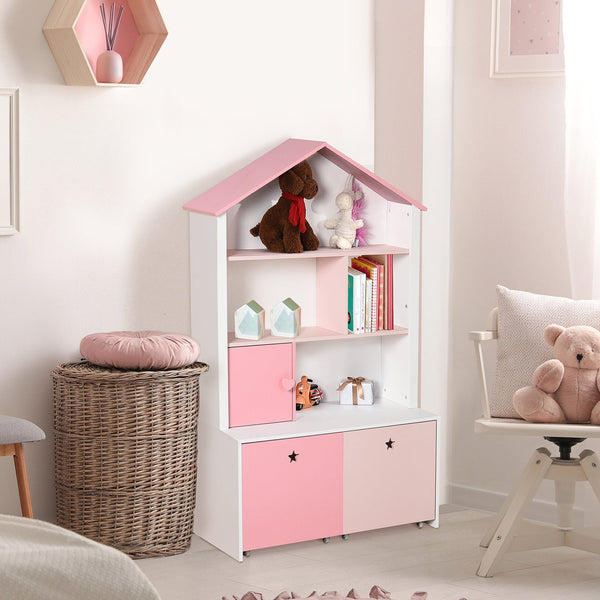 Estante de Madeira Infantil Estante de Livros para Crianças com 4 Compartimentos 1 Porta e 2 Gavetas Removíveis com Rodas para Livros Brinquedos 80x34x130cm Rosa e Branco